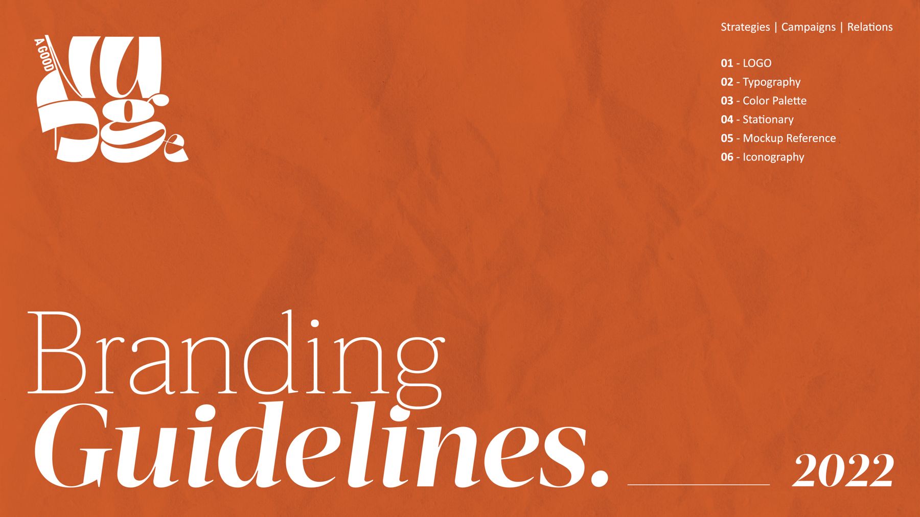 Nudge branding guidelines cover, bold serif Branding Guidelines 2022 title on burnt orange with the Nudge logotype