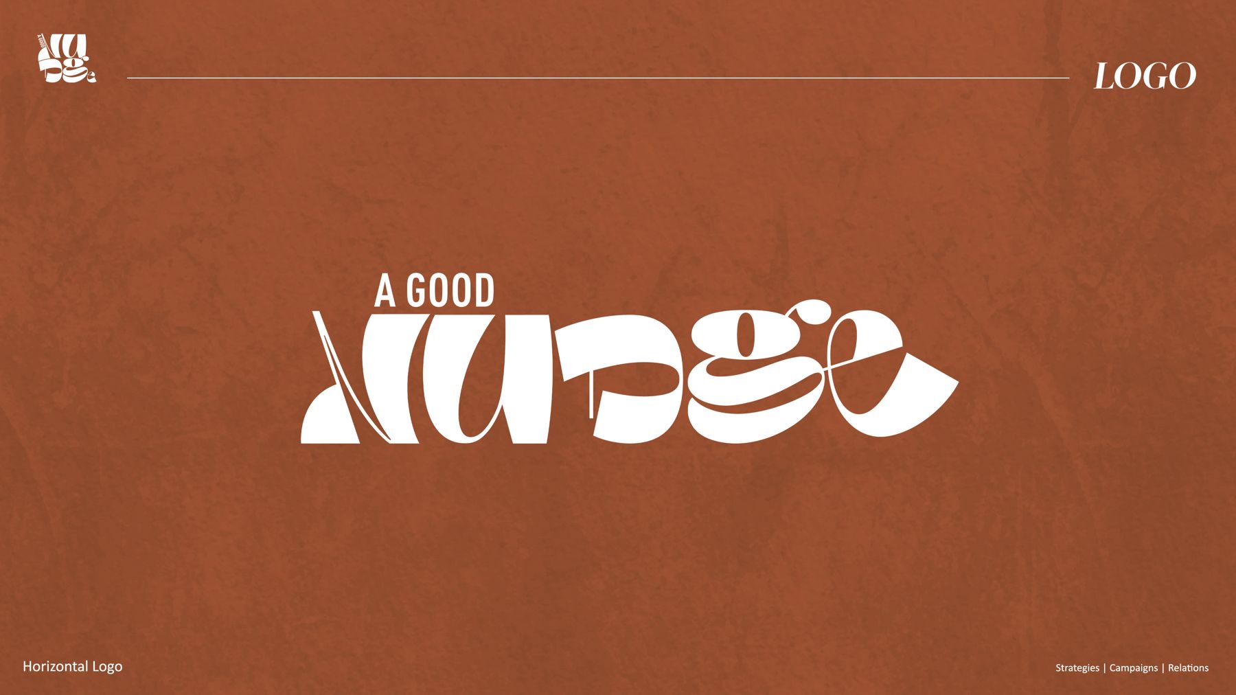 Nudge horizontal logo lockup, white logotype on rust orange textured background