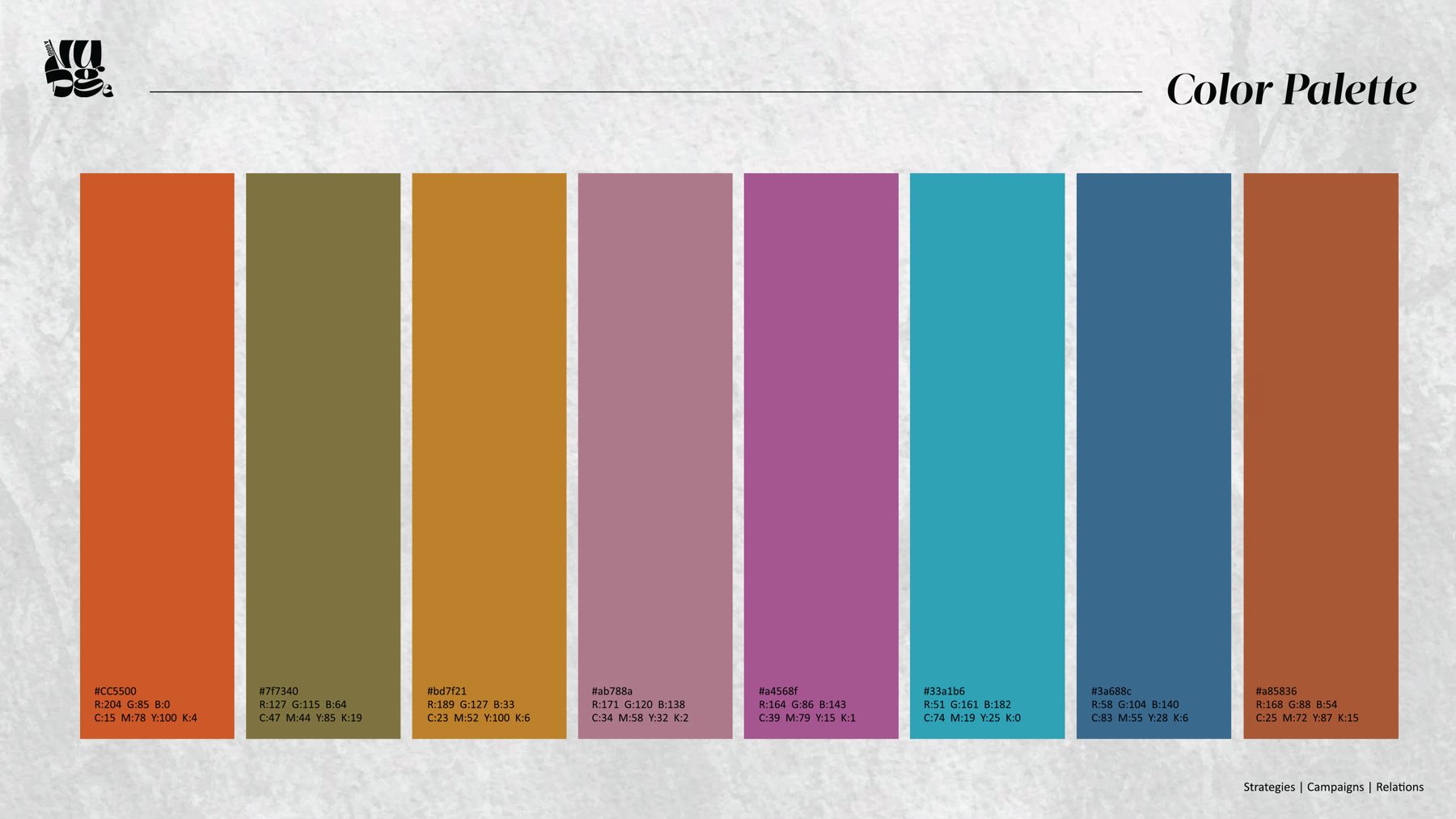 Colour palette spread with all six brand colours and values