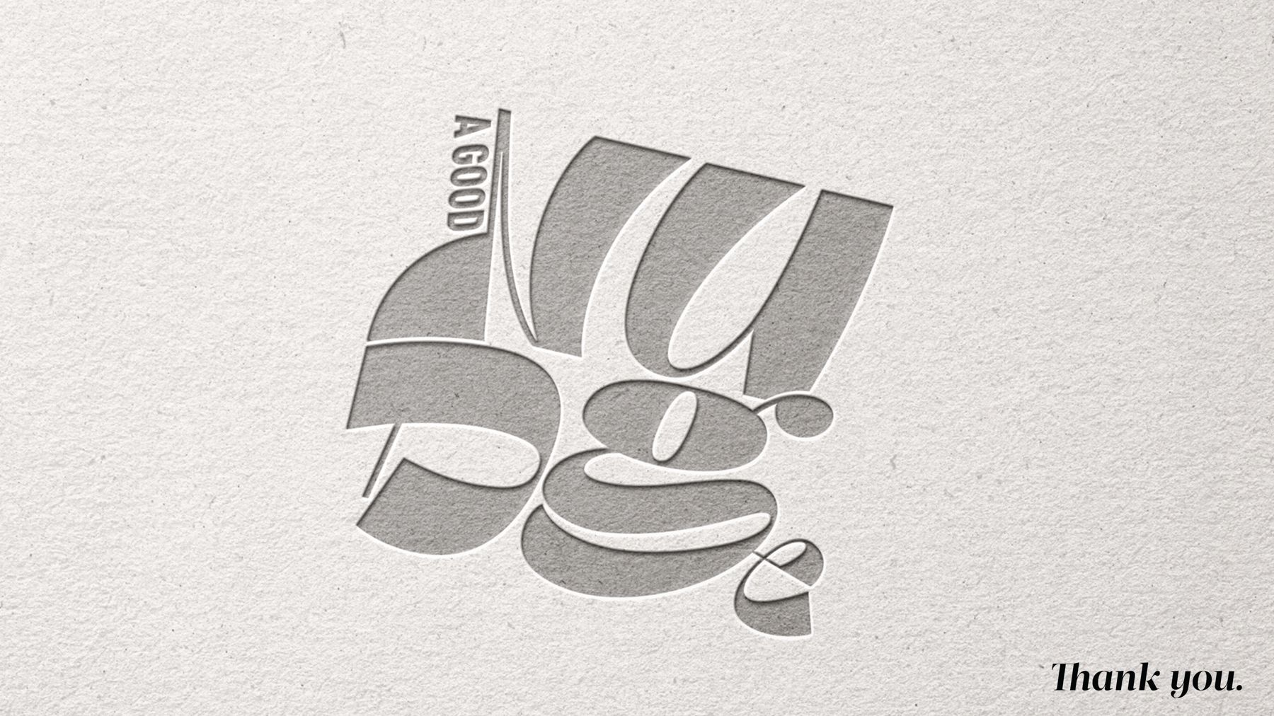 Embossed monochrome Nudge logotype, thank you closing spread